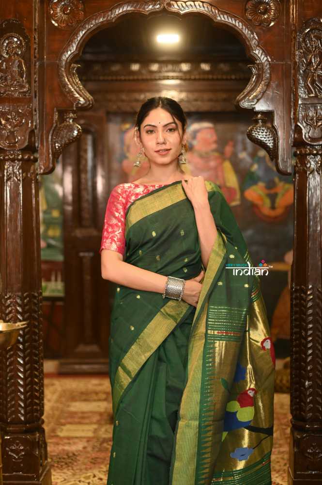 Forest Green With Parrot Pallu Pure Cotton Paithani Saree