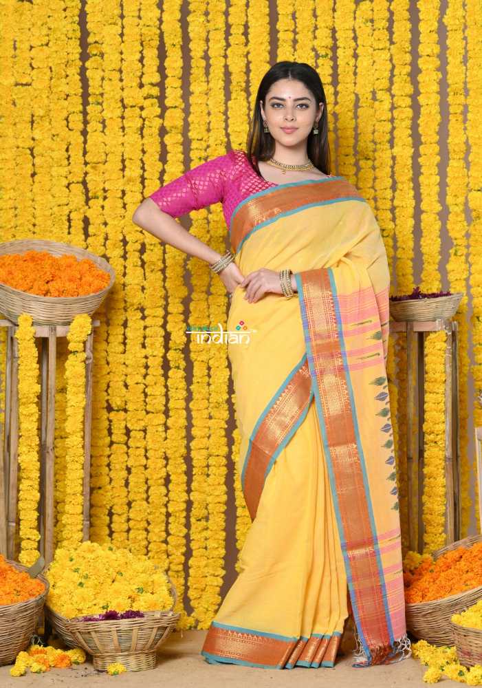Peach Pure Cotton Paithani Saree With Traditional Pallu